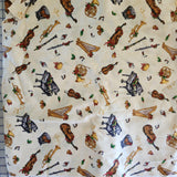 yellow instrument Christmas fabric, Joyful Noise Tara Reed Licensed to South sea imports, quality quilters cotton fabric