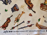 yellow instrument Christmas fabric, Joyful Noise Tara Reed Licensed to South sea imports, quality quilters cotton fabric