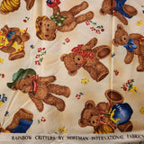 Teddy bear cotton fabric, Rainbow Critters by Hoffman International Fabrics Screen print, teddy bears with honey, books, basket, by the yard