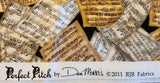 black sheet music quality quilters cotton fabric, Pitch Perfect by Dan Morris 2011 RJR fabrics, sheet music on a black background