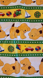 dog fabric stripes with ball, car, train, and sailboat, Goodnight Spot Eric Hill/Salspot limited 2011 Andover Fabric, quilters cotton fabric