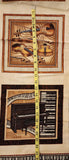 musical instrument quality quilters cotton fabric panel, Perfect Pitch by Dan Morris 2011 RJR fabrics, piano, drums, cello, violin, harp