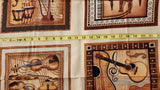 musical instrument quality quilters cotton fabric panel, Perfect Pitch by Dan Morris 2011 RJR fabrics, piano, trumpet, cello, violin, drums