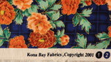 blue checked floral quilters cotton fabric with red and pink flowers with gold accents, Kona Bay fabrics 2001