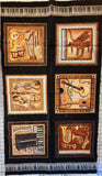 musical instrument quality quilters black cotton fabric panel, Perfect Pitch by Dan Morris 2011 RJR fabrics, piano, trumpet, violin, drums