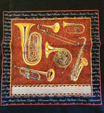 musical instrument quality quilters black cotton fabric panel, Perfect Pitch by Dan Morris 2011 RJR fabrics, piano, trumpet, violin, drums