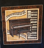 musical instrument quality quilters cotton fabric panel, Perfect Pitch by Dan Morris 2011 RJR fabrics, piano, trumpet, cello, violin, drums