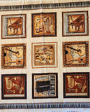musical instrument quality quilters cotton fabric panel, Perfect Pitch by Dan Morris 2011 RJR fabrics, piano, trumpet, cello, violin, drums