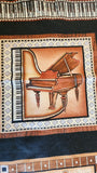 musical instrument quality quilters cotton fabric panel on black, Perfect Pitch by Dan Morris 2011 RJR fabrics, piano, cello, violin, drums