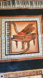 musical instrument quality quilters cotton fabric panel on black, Perfect Pitch by Dan Morris 2011 RJR fabrics, piano, cello, violin, drums