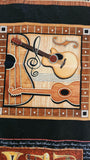 musical instrument quality quilters cotton fabric panel on black, Perfect Pitch by Dan Morris 2011 RJR fabrics, piano, cello, violin, drums