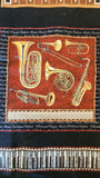 musical instrument quality quilters cotton fabric panel on black, Perfect Pitch by Dan Morris 2011 RJR fabrics, piano, cello, violin, drums