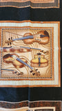 musical instrument quality quilters cotton fabric panel on black, Perfect Pitch by Dan Morris 2011 RJR fabrics, piano, cello, violin, drums