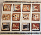 musical instrument quality quilters cotton fabric panel, Perfect Pitch by Dan Morris 2011 RJR fabrics, piano, trumpet, cello, violin, drums