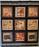 musical instrument quality quilters cotton fabric panel on black, Perfect Pitch by Dan Morris 2011 RJR fabrics, piano, cello, violin, drums