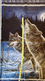 blue and grey wolf fabric panel, James Hautman Courtesy of MHS licensing for VIP by Cranston, quilters cotton fabric, wildlife fabric