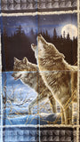 blue and grey wolf fabric panel, James Hautman Courtesy of MHS licensing for VIP by Cranston, quilters cotton fabric, wildlife fabric