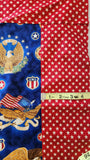 Americana fabric with eagles and other American symbols with a 4 1/2 inch red star border added, 250th anniversary quilt of valor