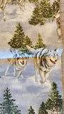 blue and grey wolf quilters cotton fabric by the yard, Hautman Courtesy of MHS licensing for VIP by Cranston, wildlife fabric