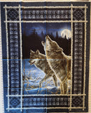 blue and grey wolf fabric panel, James Hautman Courtesy of MHS licensing for VIP by Cranston, quilters cotton fabric, wildlife fabric