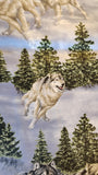 blue and grey wolf quilters cotton fabric by the yard, Hautman Courtesy of MHS licensing for VIP by Cranston, wildlife fabric