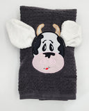 Black and white cow hand towel and white wash for ears cloth 3 dimensional, farmhouse bathroom decor