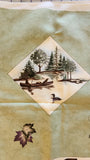 Wildlife sage green fabric panel with bear, moose, canoe, leaves, Canoe Country by Holly Taylor for Moda