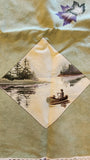 Wildlife sage green fabric panel with bear, moose, canoe, leaves, Canoe Country by Holly Taylor for Moda