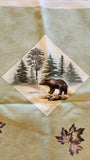Wildlife sage green fabric panel with bear, moose, canoe, leaves, Canoe Country by Holly Taylor for Moda