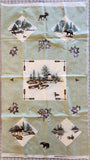Wildlife sage green fabric panel with bear, moose, canoe, leaves, Canoe Country by Holly Taylor for Moda