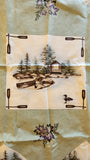 Wildlife sage green fabric panel with bear, moose, canoe, leaves, Canoe Country by Holly Taylor for Moda