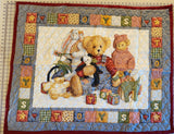 teddy bear baby quilt toddler bed quilt blue and maroon teddy bears with toys retro quilt