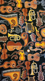 black instrument quality quilters cotton fabric, Perfect Pitch by Dan Morris 2011 RJR Fabrics, piano, guitar, record fabric
