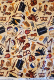 tan instrument quilters cotton fabric by the yard, Perfect Pitch by Dan Morris 2011 RJR Fabrics, piano, drum, guitar, trumpet fabric