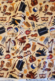 tan instrument quilters cotton fabric by the yard, Perfect Pitch by Dan Morris 2011 RJR Fabrics, piano, drum, guitar, trumpet fabric