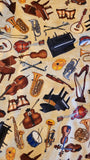 tan instrument quilters cotton fabric by the yard, Perfect Pitch by Dan Morris 2011 RJR Fabrics, piano, drum, guitar, trumpet fabric