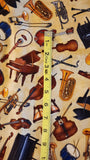 tan instrument quilters cotton fabric by the yard, Perfect Pitch by Dan Morris 2011 RJR Fabrics, piano, drum, guitar, trumpet fabric
