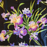 iris quilters cotton fabric on black background, Michael Miller fabrics, Primavera Iris, D#DC4127