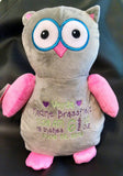 Custom personalized embroidered owl stuffed plush animal birth statistics adoption flower girl birthday gift