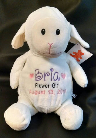 Custom personalized embroidered flower girl stuffed lamb plush animal new baby birth statistics birthday gift baptism adoption