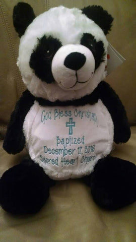 Custom personalized embroidered birth statistics stuffed panda plush animal new baby adoption baptism ring bearer flower girl