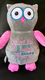 Custom personalized embroidered owl stuffed plush animal birth statistics adoption flower girl birthday gift