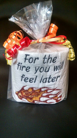 embroidered flames toilet paper with saying, gag gift, hot sauce
