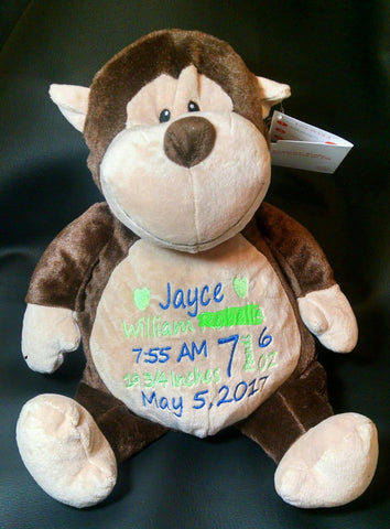 Custom personalized embroidered monkey plush birth statistics stuffed animal new baby shower ring bearer flower girl adoption birthday gift