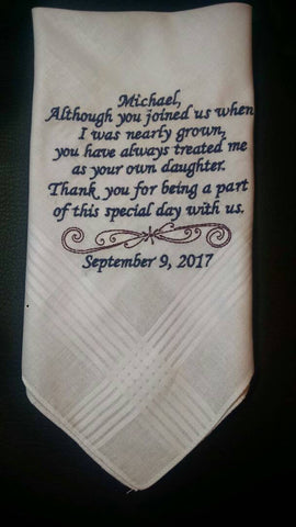 Personalized embroidered men&#39;s handkerchief  for groom or father-of-the-bride or step dad with gift box