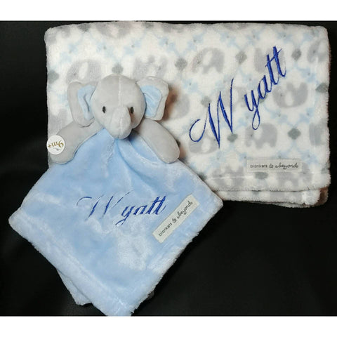 Custom personalized embroidered stuffed plush blue elephant animal lovey security blanket and regular fleece blanket 2-piece set