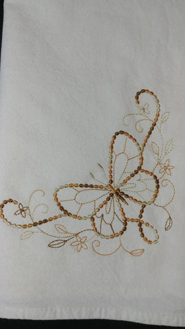 Butterfly embroidered tea towel  gold  variegated browns butterfly  Easter gift  spring decor  Mother&#39;s Day gift