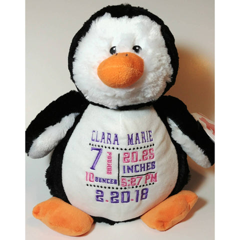 Custom personalized embroidered penguin birth statistics stuffed plush animal new baby adoption birthday gift ring bearer flower girl