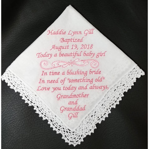 Baptism handkerchief, custom personalized with gift box, wedding, mother-of-the-bride, mother-in-law, step mom, grandmother, baptism gift