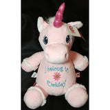 Custom personalzied embroidered white polka dot unicorn stuffed plush animal new baby birth statistics adoption birthday gift flower girl